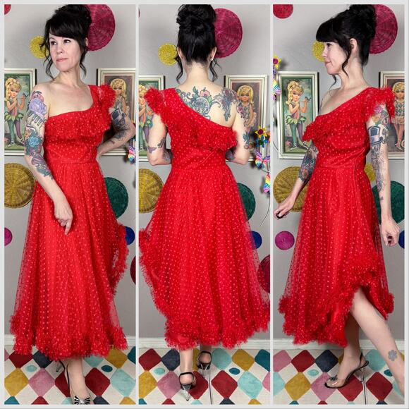Vintage 1970s Red Polka Dot Ruffled One Shoulder Tulle Dress - Picture 3 of 7